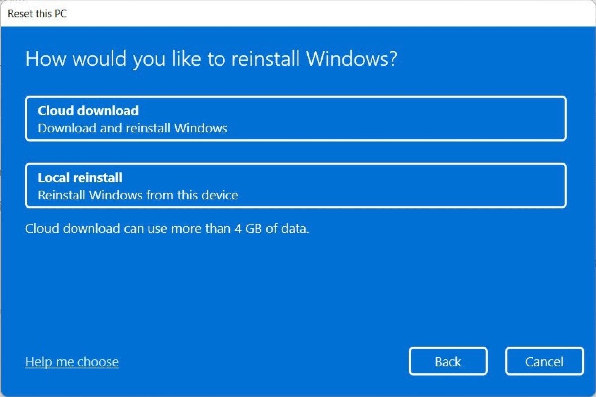 Reinstalla Windows dal cloud o in locale