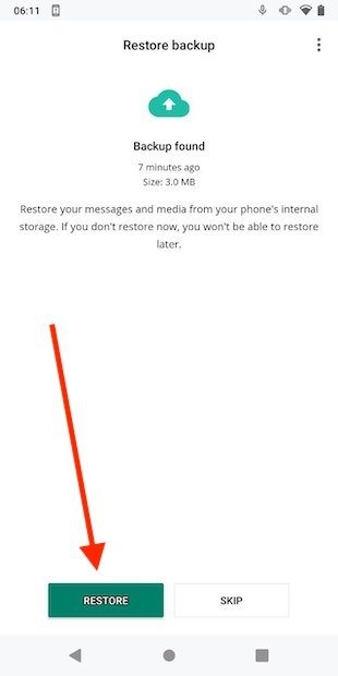 Restaurar copia de seguridad durante la configuración de WhatsApp