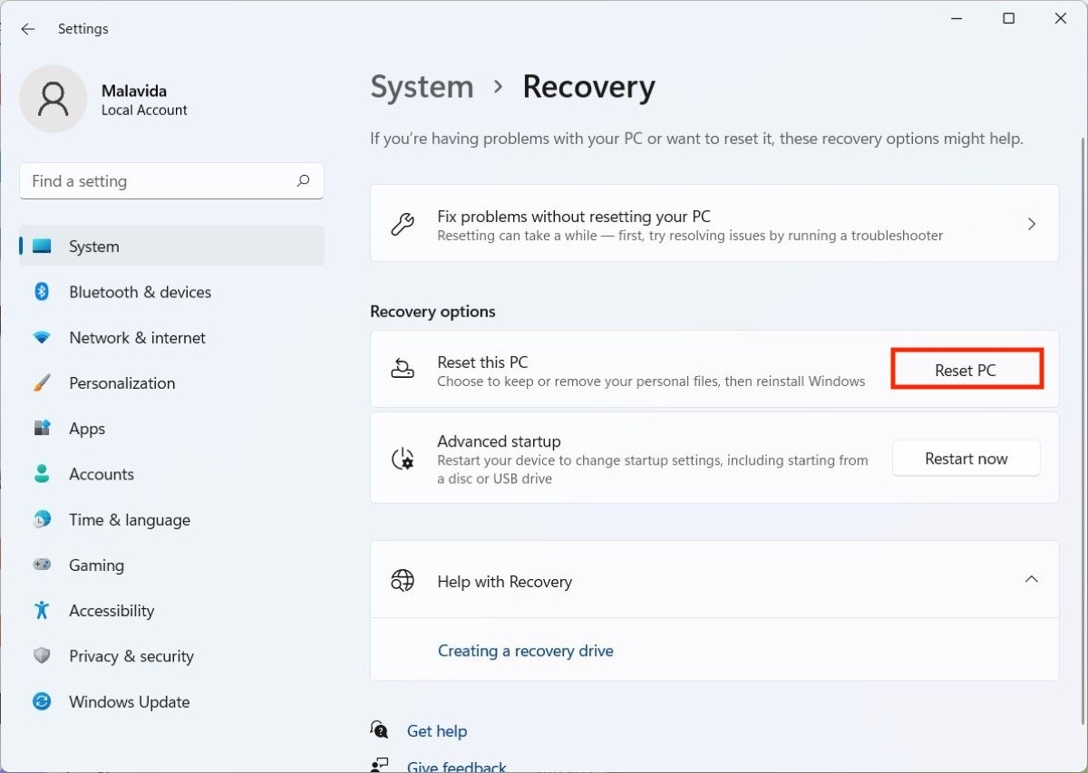 Restore the PC from the settings