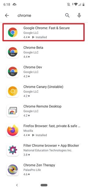 Resultados de Chrome en Google Play