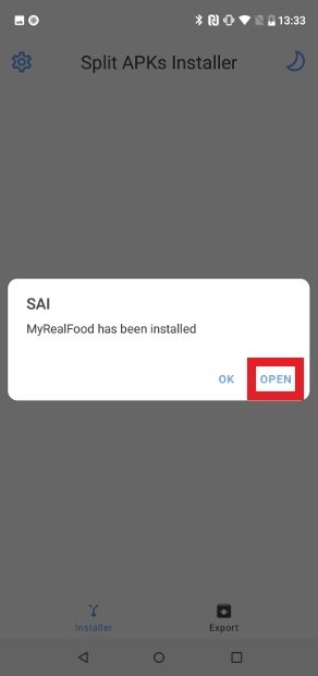SAI notifying about the installation of the APK