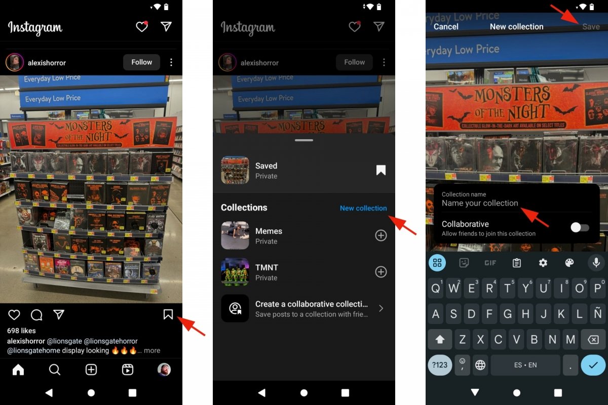 Saving a photo or video in an Instagram collection