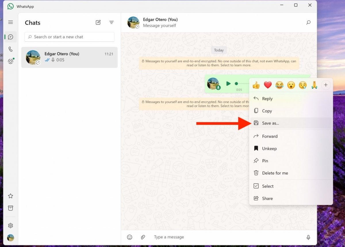 Saving a voice note from the WhatsApp app for PC