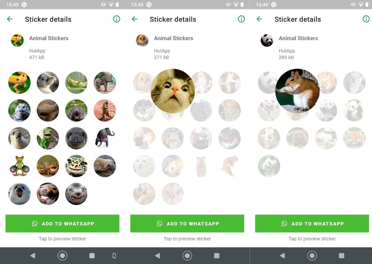 Capturas de tela da interface de Figurinhas de animais