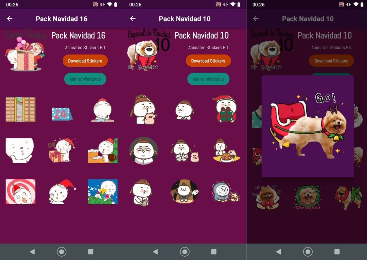 Capturas de tela da interface de Stickers Animados de Natal