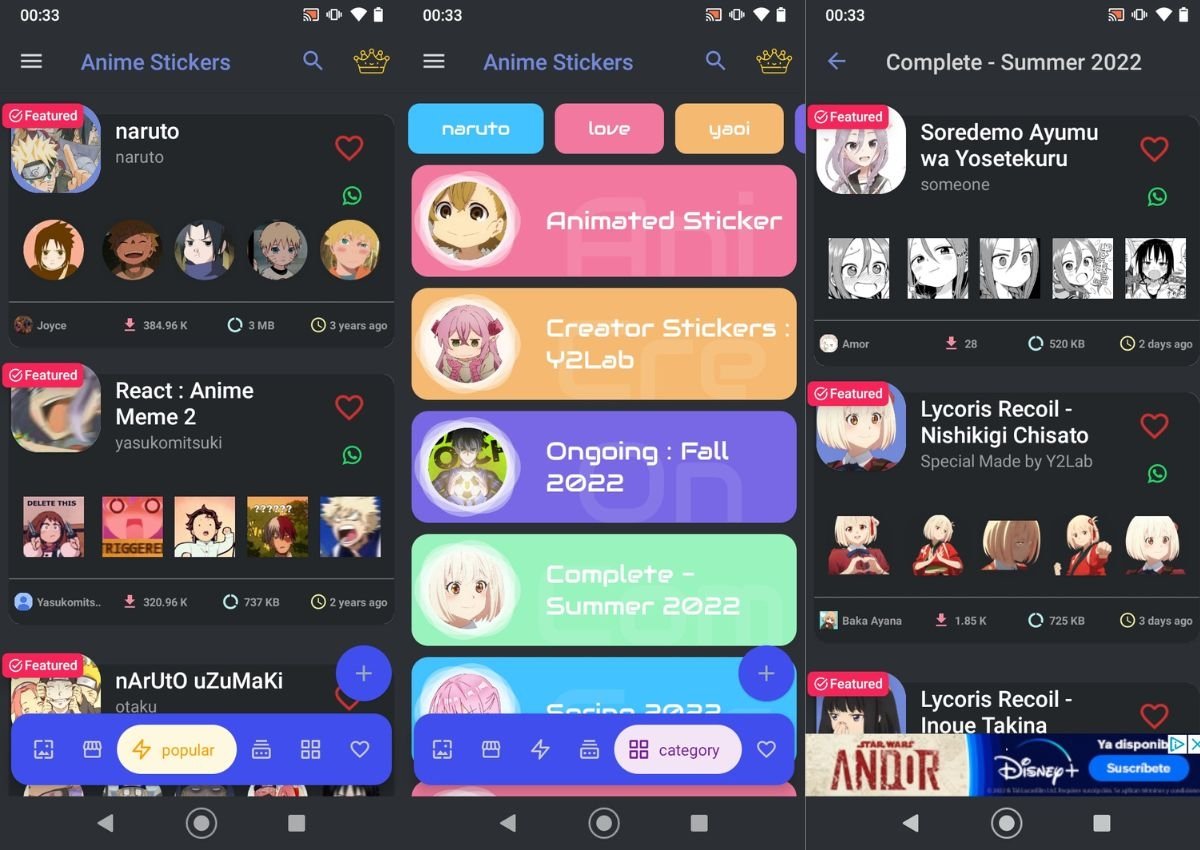 Captures d'écran de l'interface utilisateur des autocollants d'anime