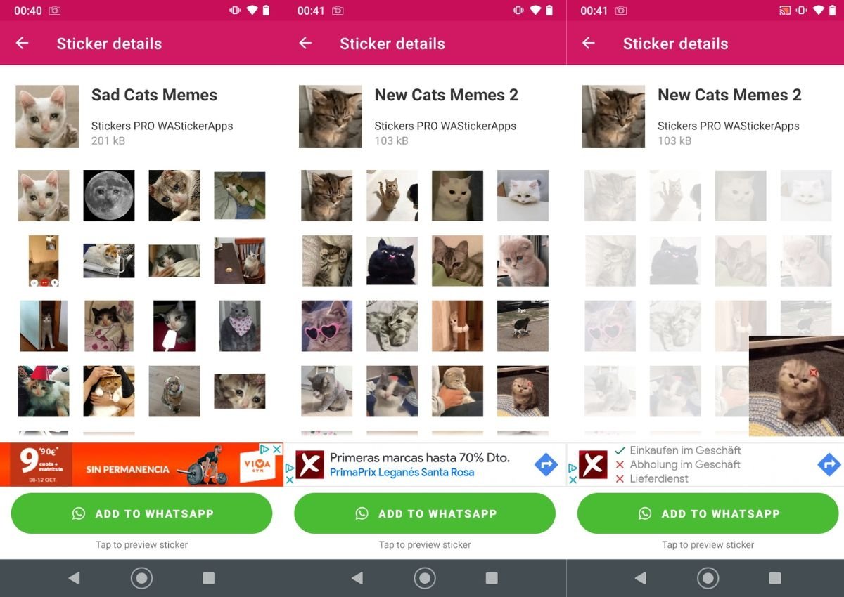 Screenshots of Cat Memes Stickers' interface