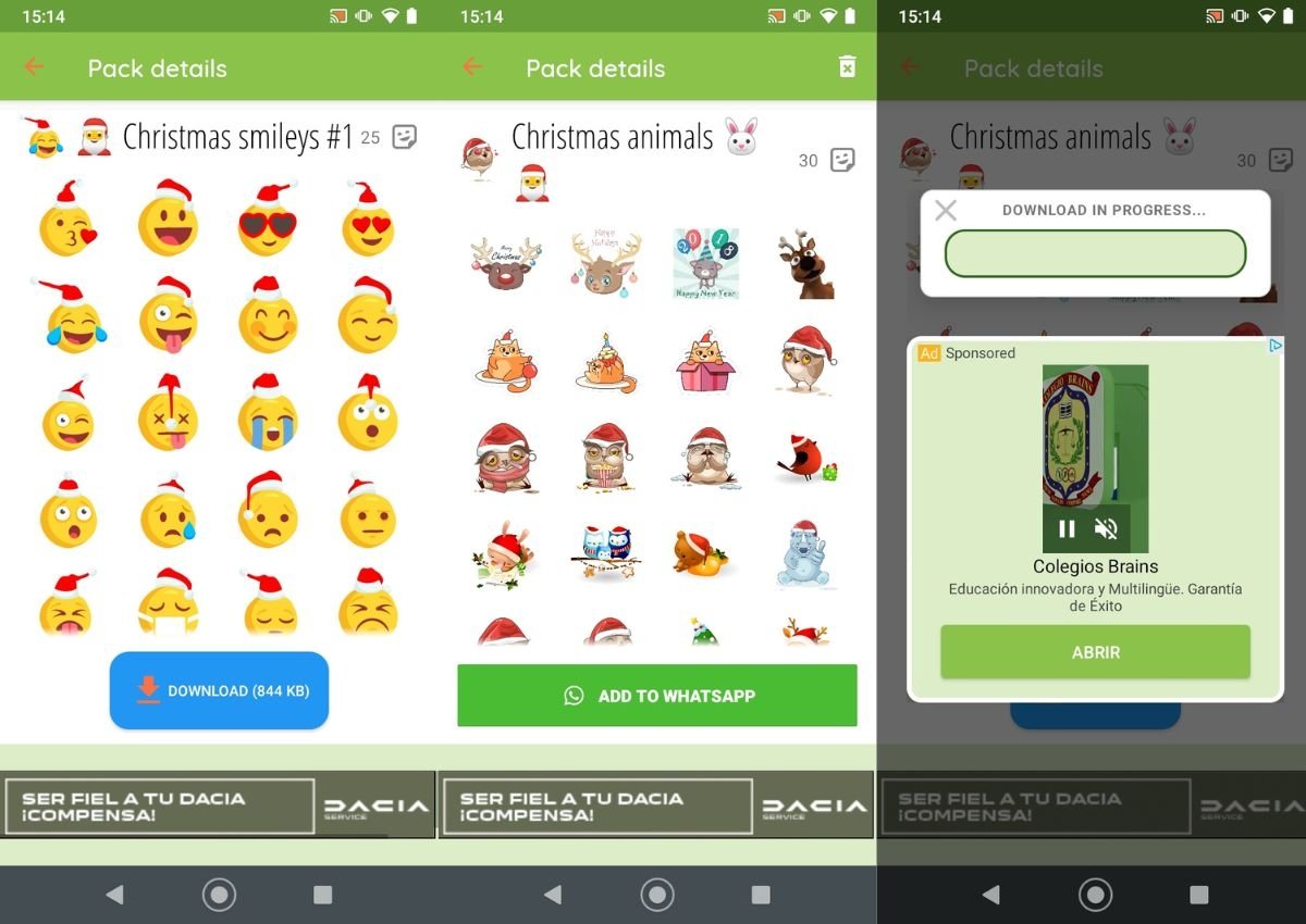 Captures d'écran de l'interface des autocollants de Noël pour WhatsApp