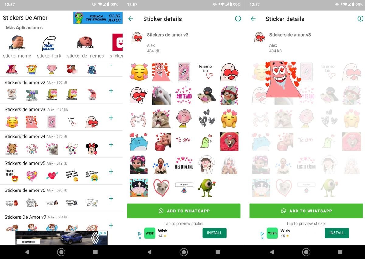 Screenshots von der Benutzeroberfläche von Liebes-Stickers für WhatsApp