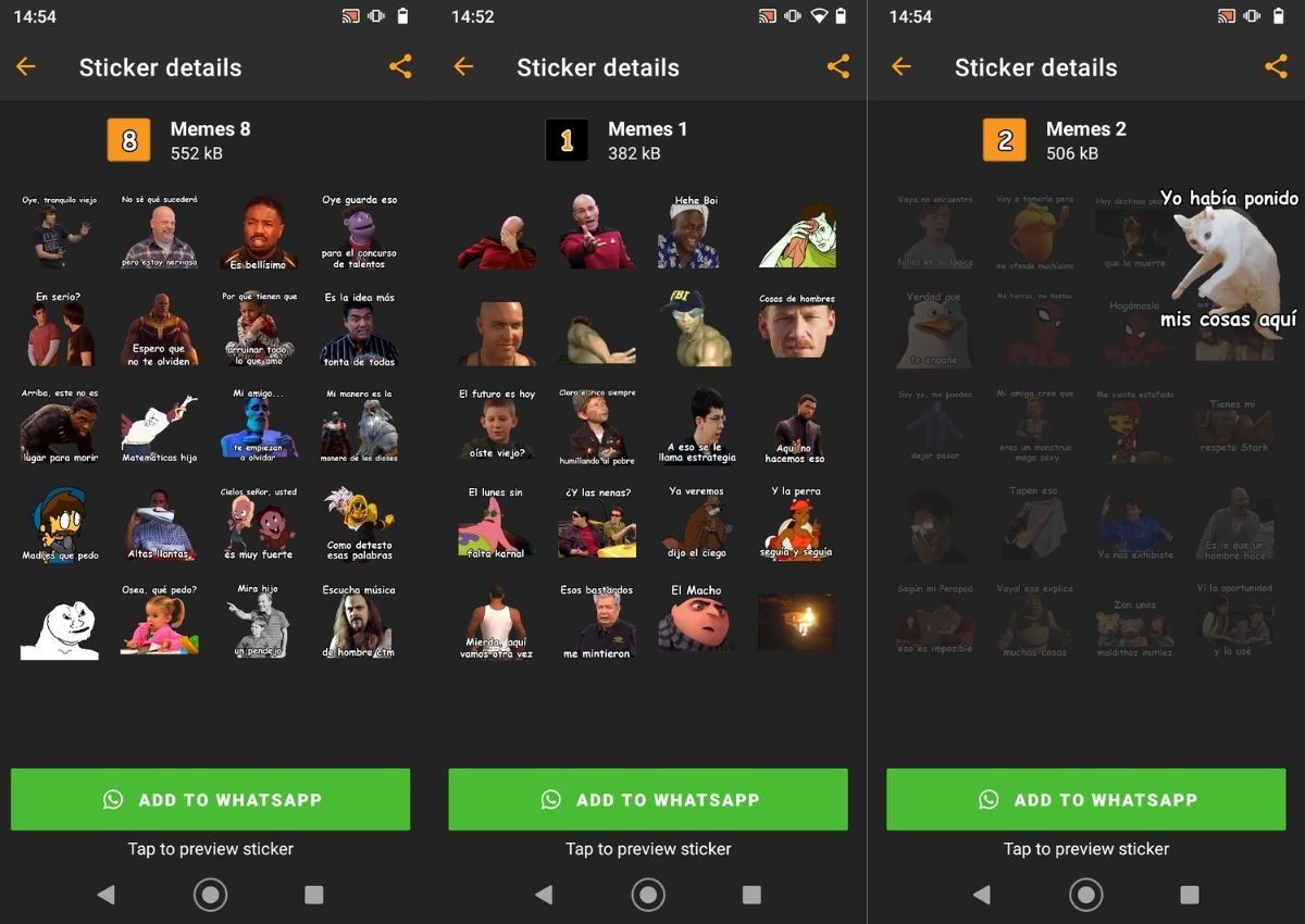 Screenshots of  Memes Hub Stickers' interface