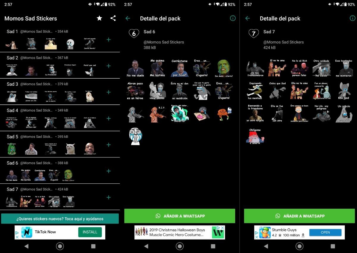 Screenshots of Momo Sad Stickers' interface