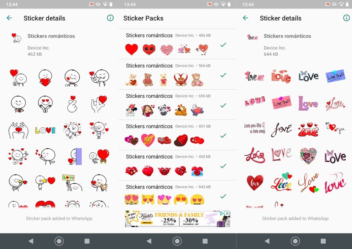 Screenshots von der Benutzeroberfläche von romantischen Stickern und Liebessprüchen
