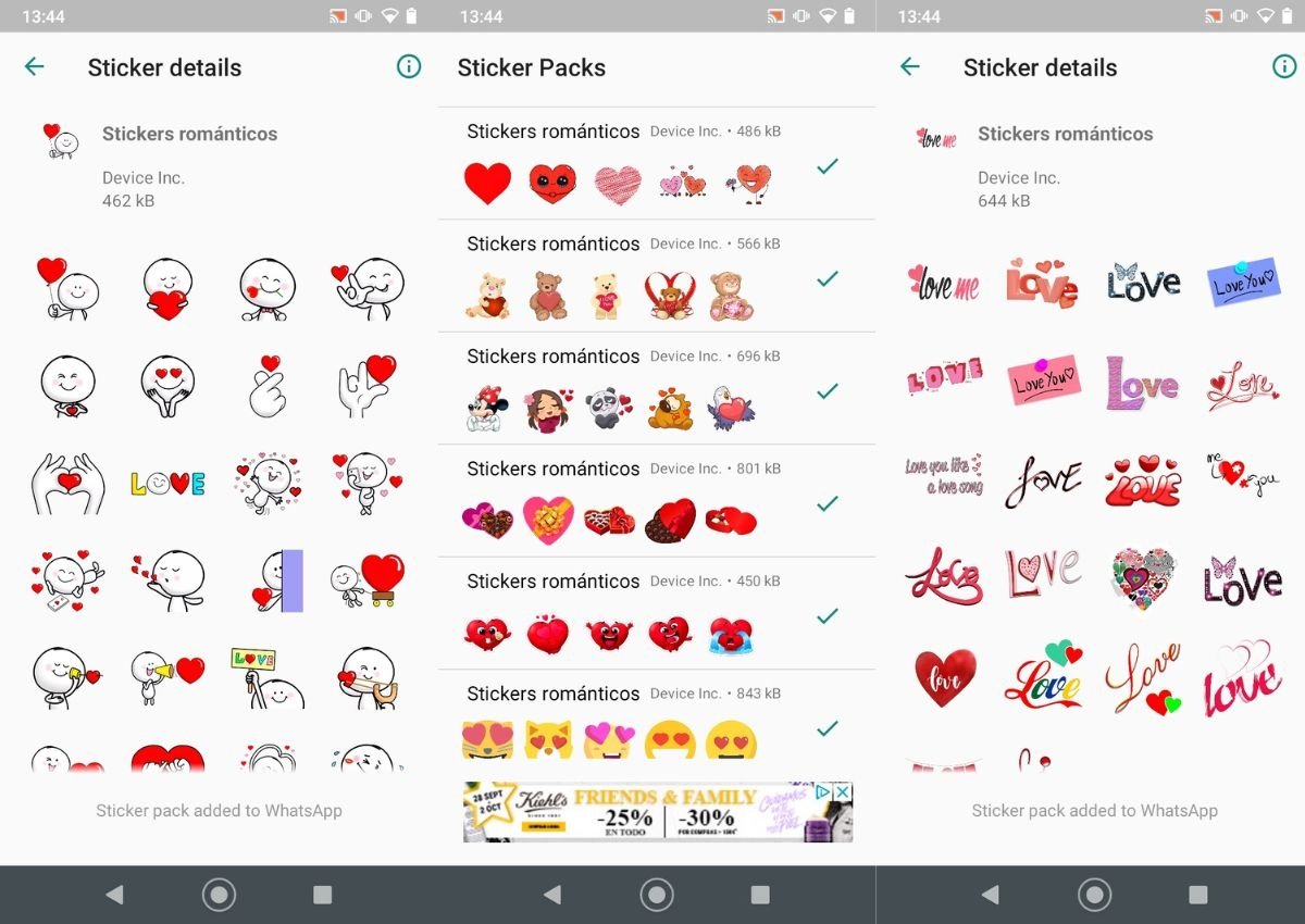 Capturas de la interfaz de Stickers románticos y frases de amor