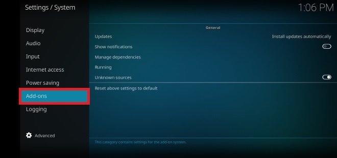 Recherche Add-ons dans le menu latéral