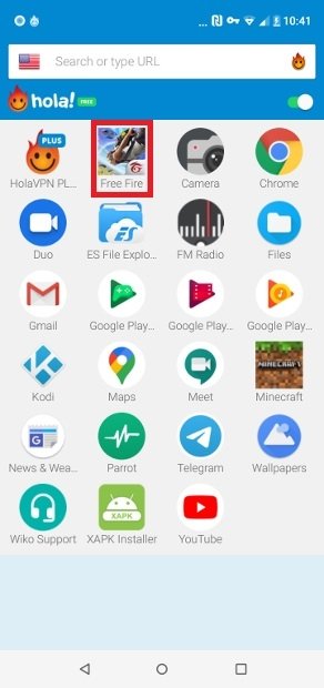 Recherchez Garena Free Fire dans le menu de HolaVPN