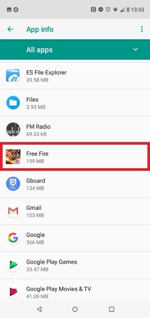 リストからGarena Free Fireを検索