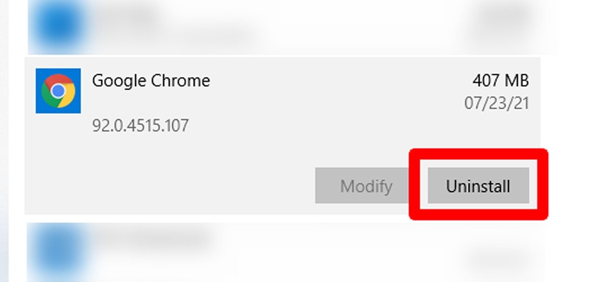 Busca Google Chrome y pulsa en Uninstall para comenzar la desinstalación