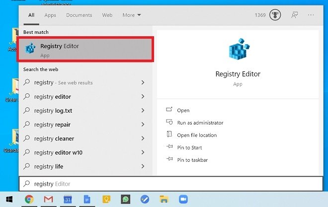 Search for the registry editor