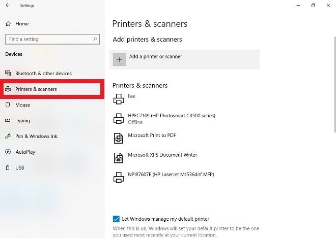 Поиск в меню Printers & Scanners