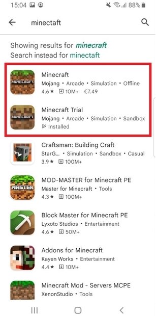 Resultados da pesquisa Minecraft no Google Play Store