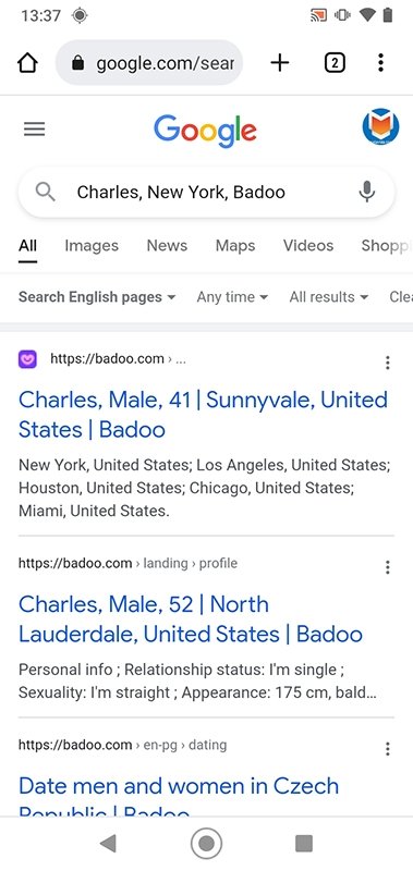 Búsqueda de usuarios de Badoo desde Google.