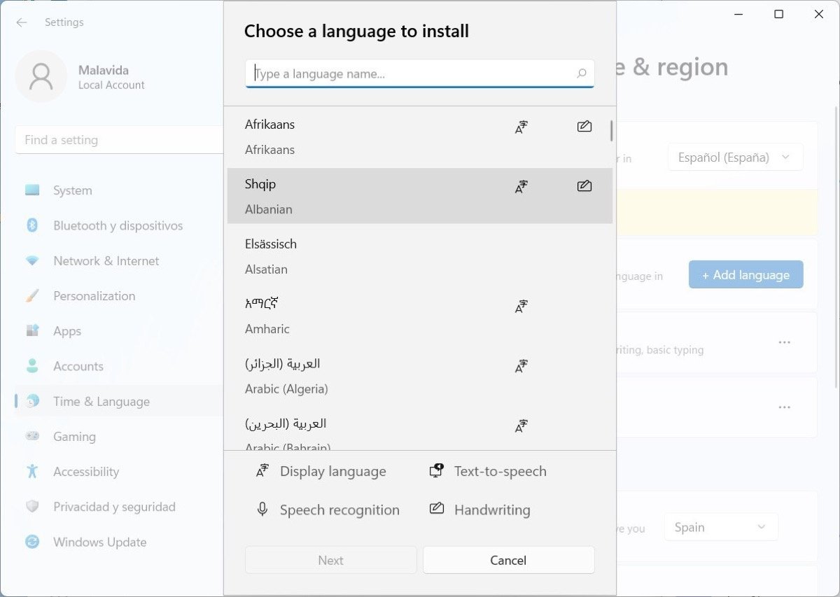 Selecionar um idioma da lista completa