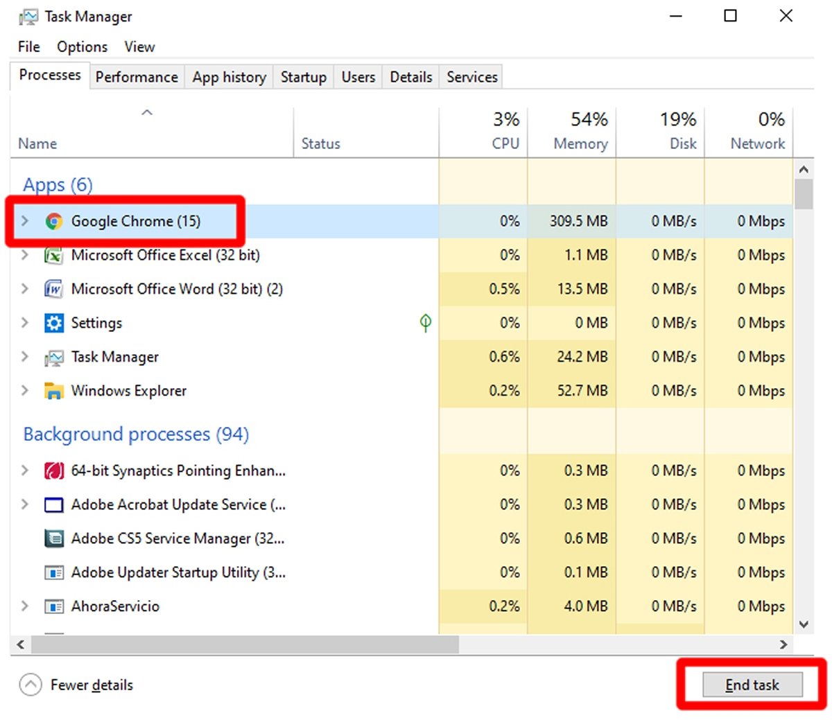 Выберите Google Chrome и нажмите Завершить задачу