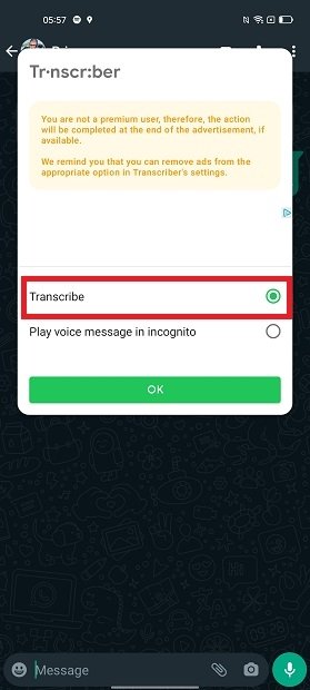 Selezionare azione in Transcriber