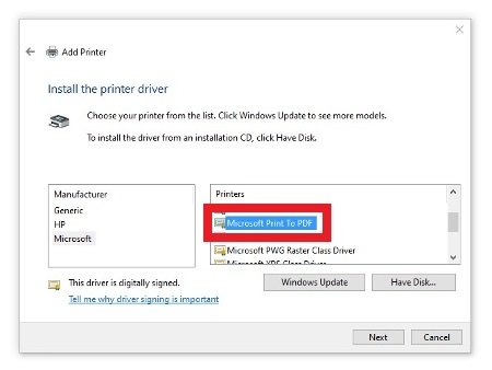 Sélectionne l’option Microsoft Print to PDF