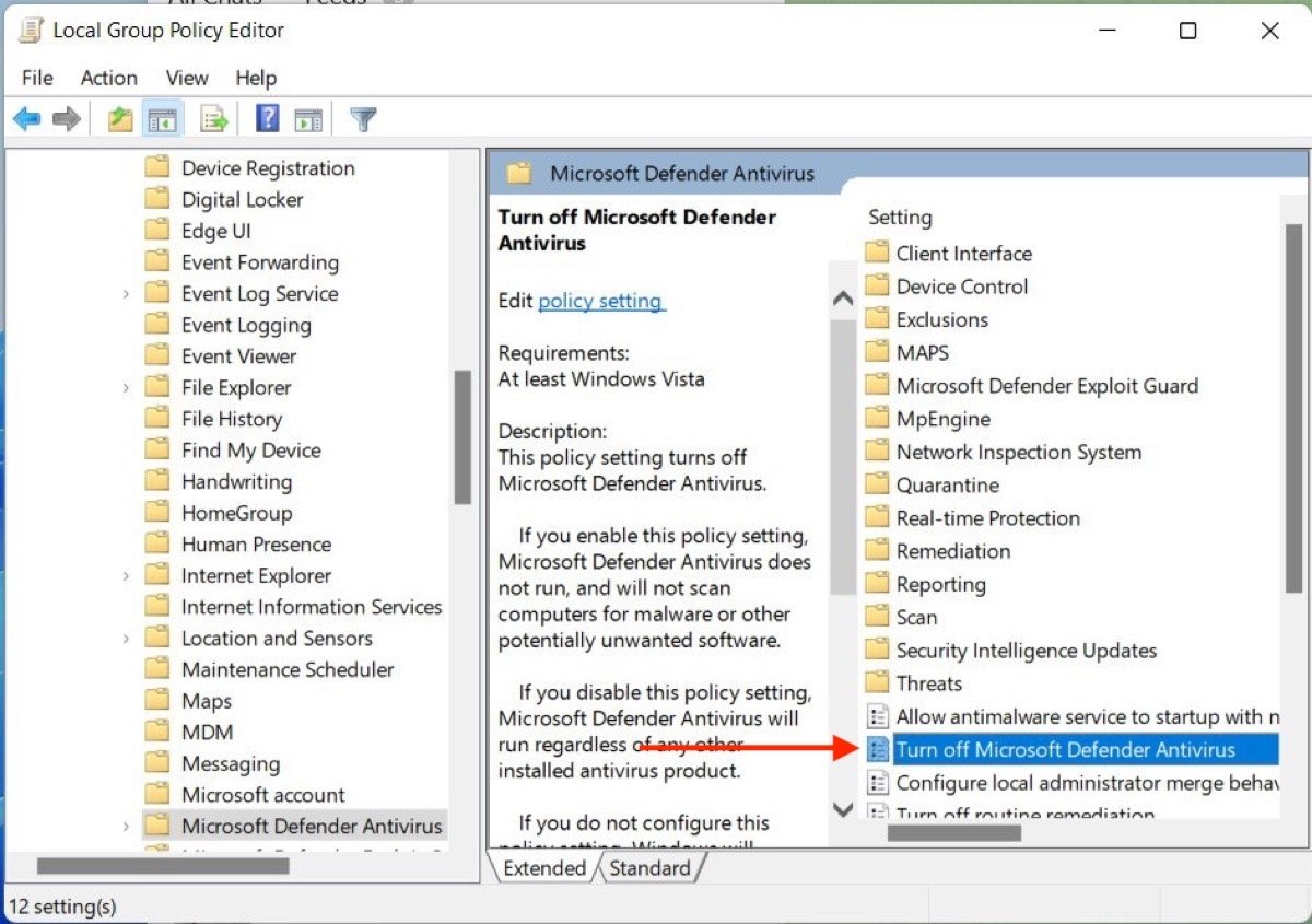 Sélectionner l'option permettant de désactiver Windows Defender