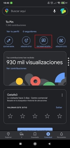 Seleccionamos la opción escribir reseña