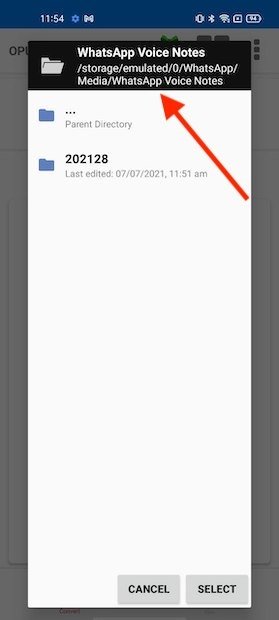 Select the path where WhatsApp audios are stored