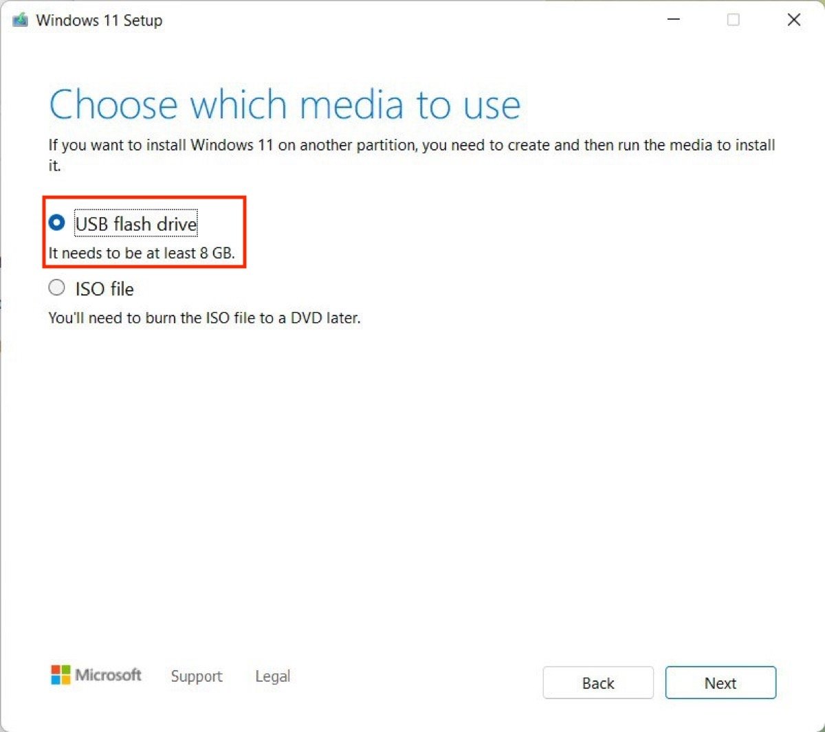Select the USB to save Windows 11