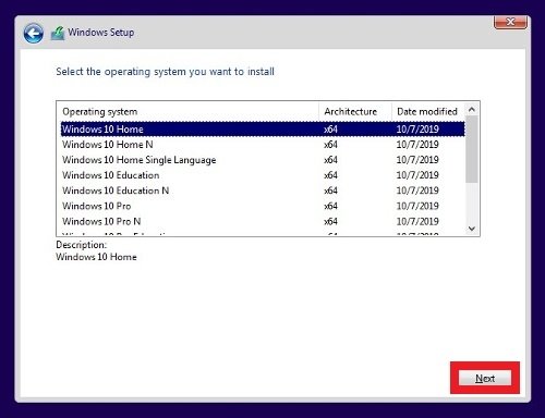 Sélectionne la version du système d’exploitation à installer