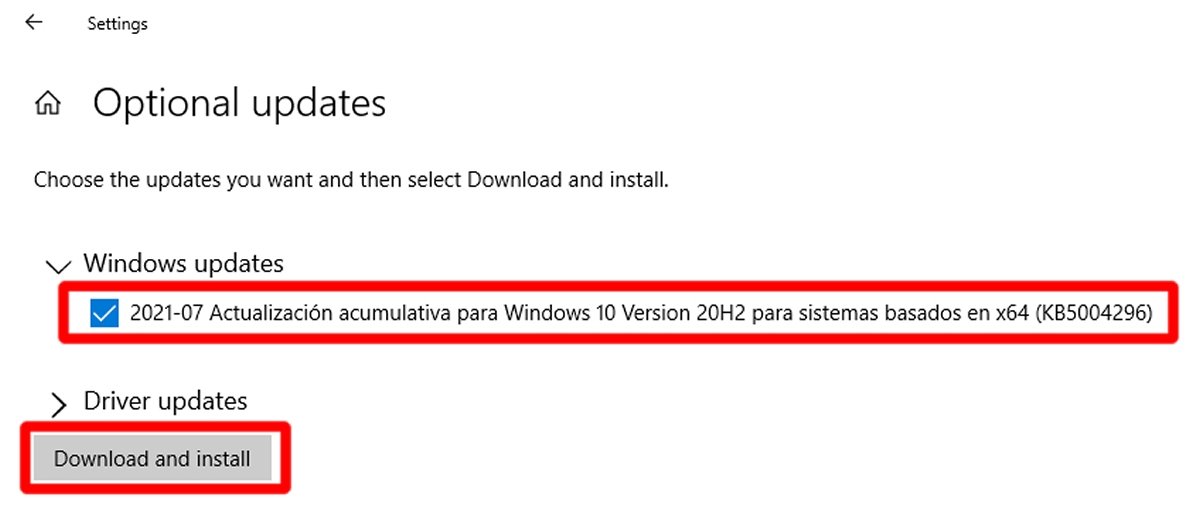 Seleziona gli aggiornamenti di Windows e premi Download and install