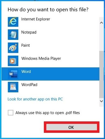 Select Word as the software to open the PDF