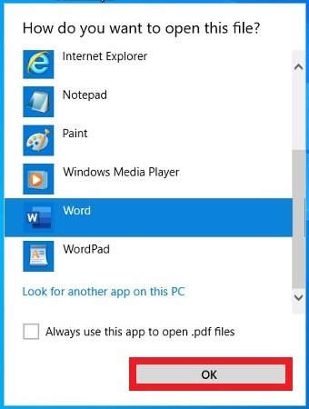 Elegir Word como software para abrir el PDF