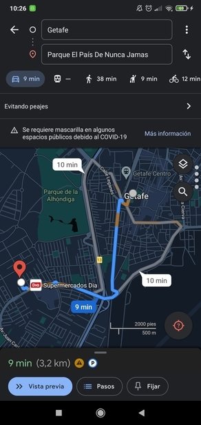 Ruta seleccionada en función de lo elegido