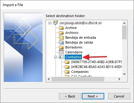 Selecting the destination folder for the imported data