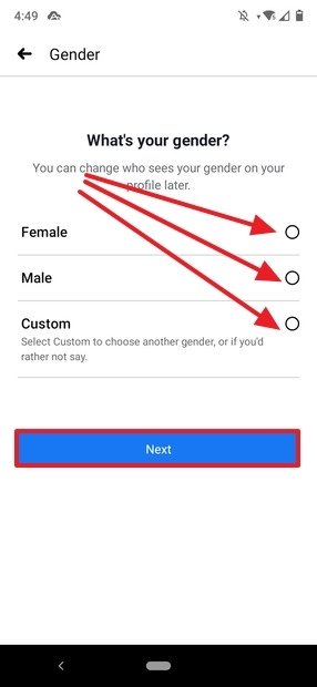 Selecting the user’s gender