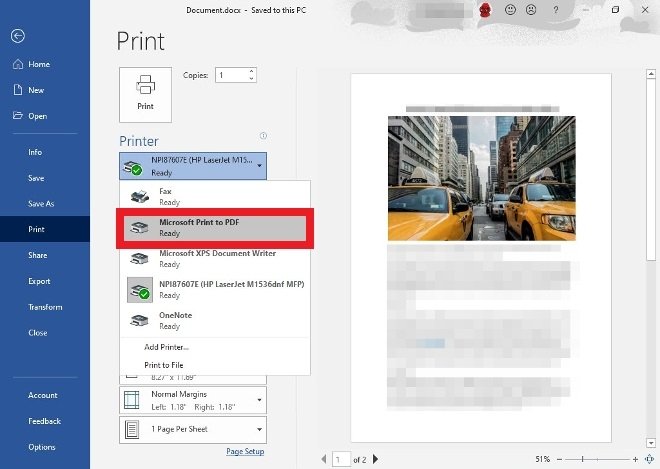 Seleção de impressora virtual PDF de Word