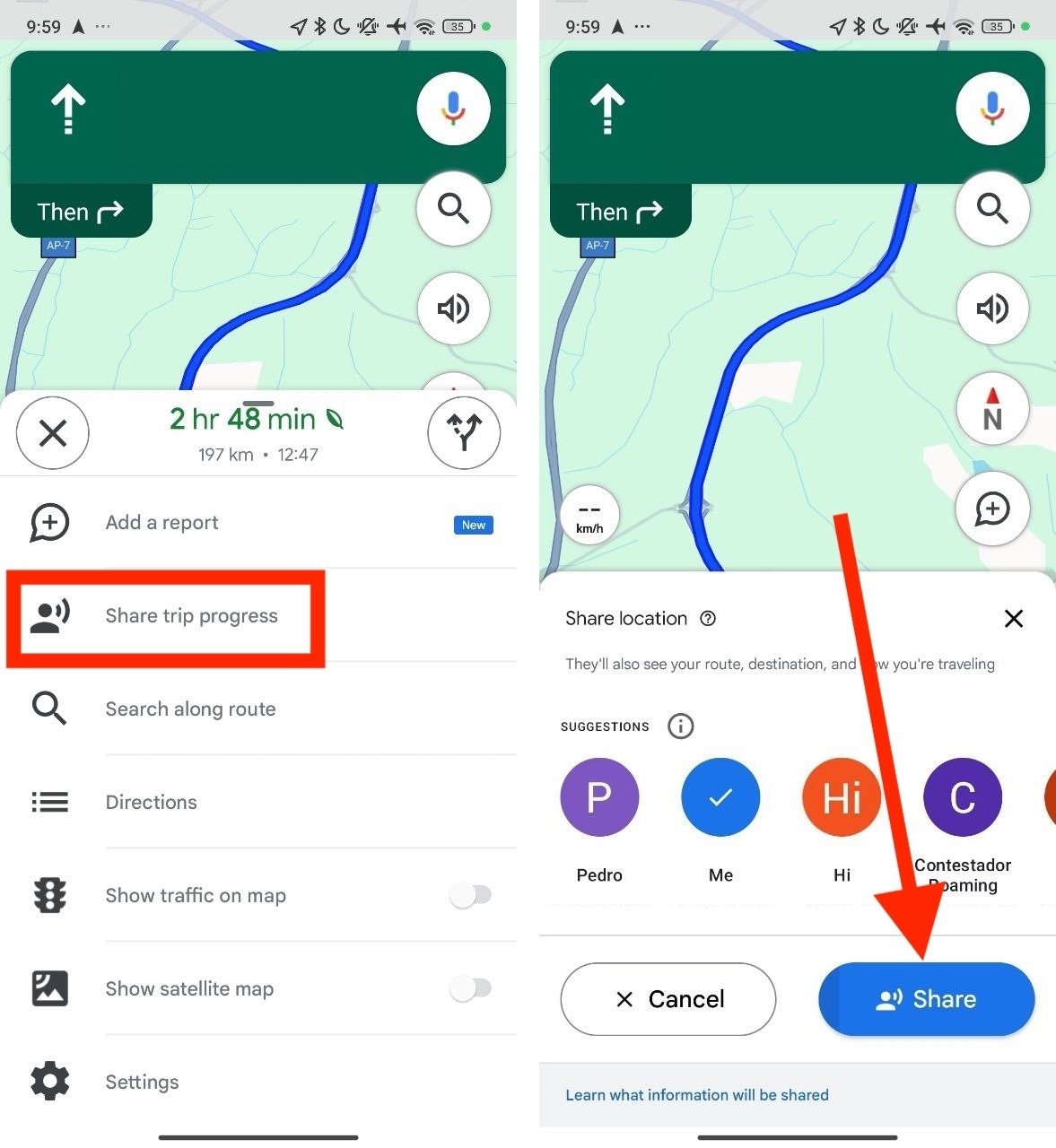 Sending your location in Google Maps when heading towards your destination