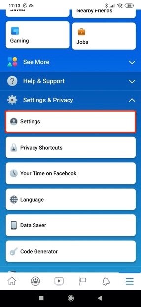 Settings and Privacy options listed