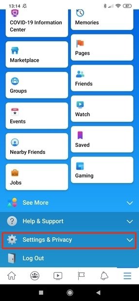 Sección de ajustes y privacidad en el menú de Facebook