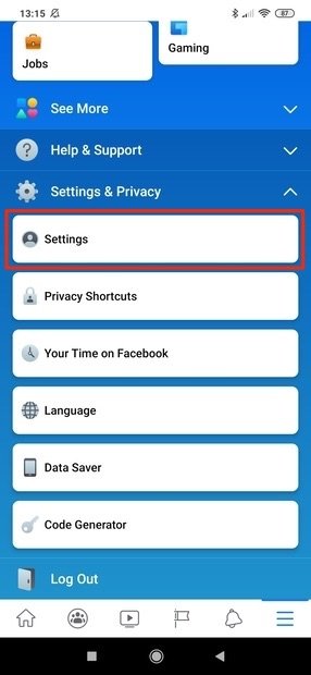 Settings and Privacy section opened out