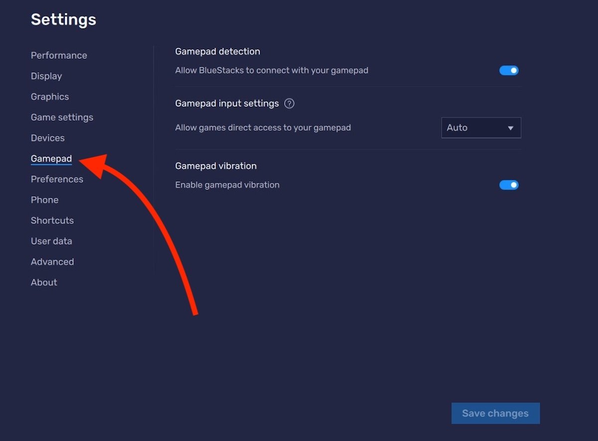 Settings for external gamepads in BlueStacks