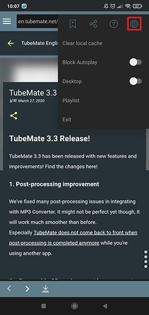 Settings icon in TubeMate