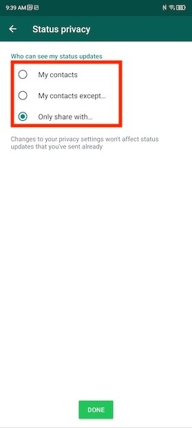 Share status with certain contacts