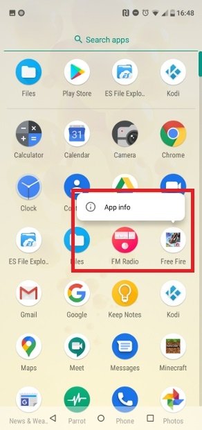 Acesso direto até o menu de informações do app