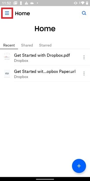 Menu lateral de Dropbox para Android